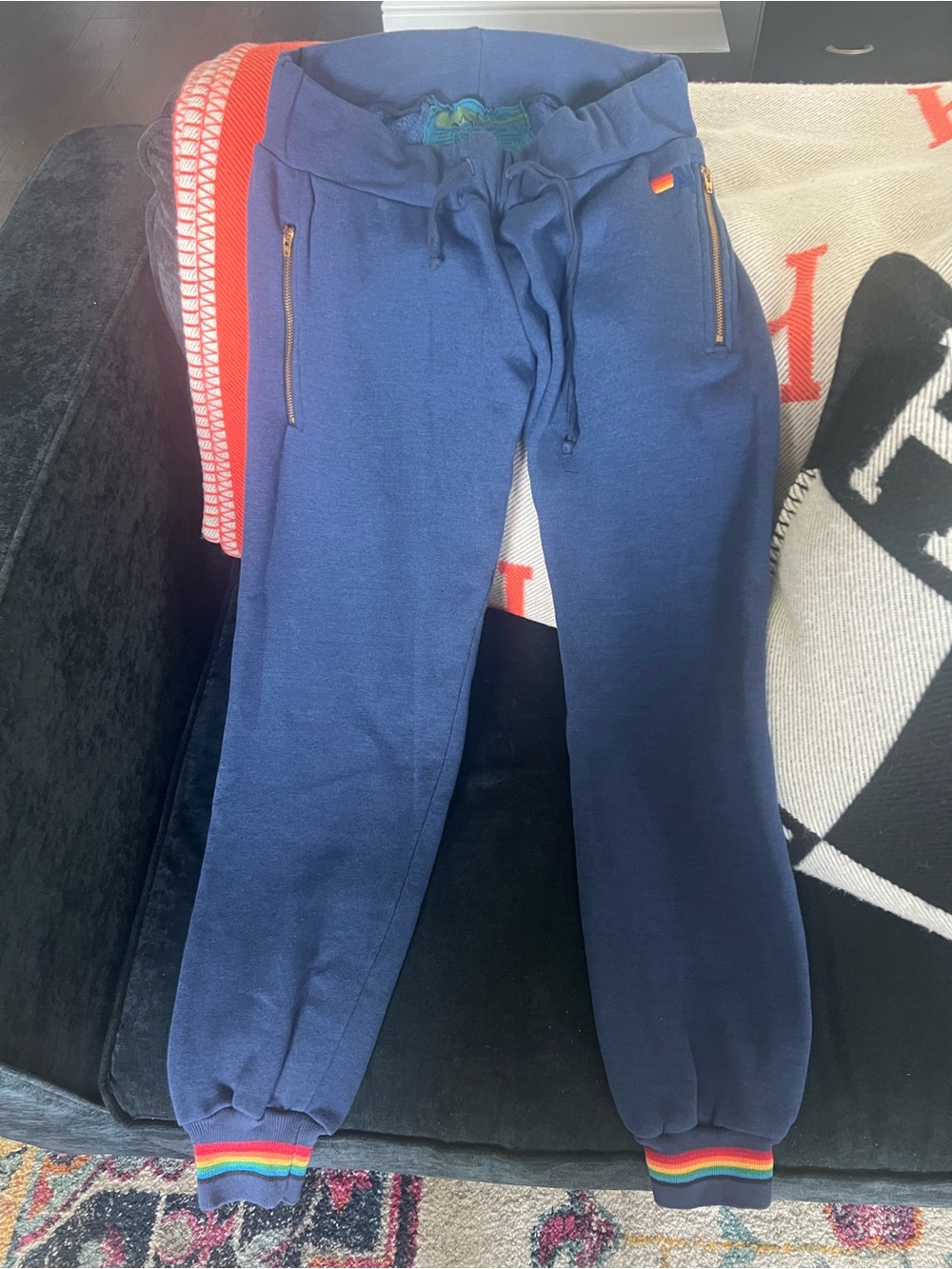 aviator nation Navy Rainbow-Cuff Jogger Pants with gold zippers